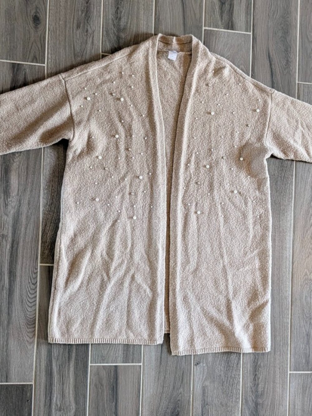 Chico's Beige Knit Cardigan Open Front Pearl Embellished Size 3 (XL)